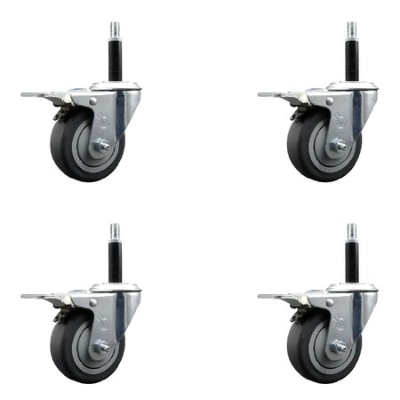 Service Caster 3.5'' Thermoplastic Rubber Swivel 3/4'' Expanding Stem Caster Set Total Lock Brake, 4PK SCC-EXTTL20S3514-TPRB-34-4